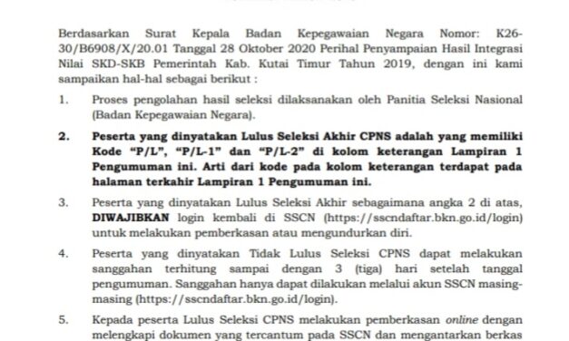 Pengumuman Hasil Seleksi CPNS Kutim Akhirnya Keluar