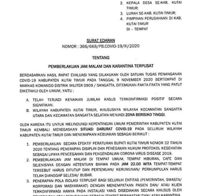 Jam Malam Dan Karantina Terpusat Diberlakukan Pemkab Kutim