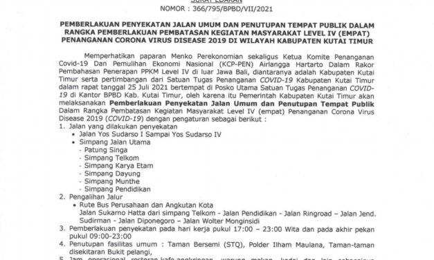 Bupati Kutim Keluarkan SE Pemberlakuan Penyekatan Jalan Umum dan Penutupan Tempat Publik